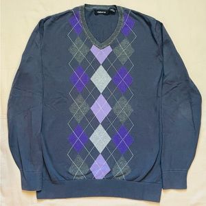 Clairborne Purple and Gray Argyle V-Neck Men’s Sweater Size Medium